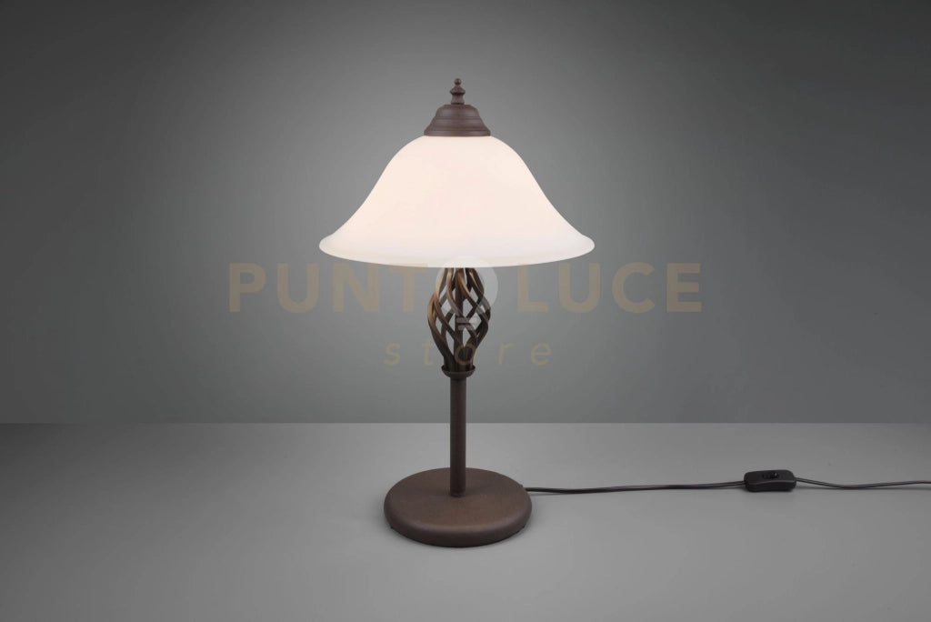 RUSTICA LAMPADA DA TAVOLO METALLO RUGGINE CON DIFFUSORE VETRO BIANCO H. 50CM 2 LUCI ATTACCO E14