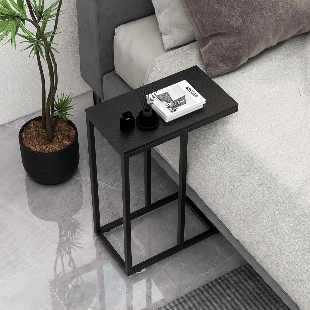 Tavolino a forma di C, tavolino da caffè per piccoli spazi, tavolo per laptop industriale, in legno e metallo, 45,5 x 25,5 x 64 cm (nero)