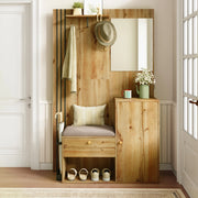 Guardaroba da ingresso compatto con specchio, panca imbottita e portascarpe, struttura in MDF, colore naturale e nero, 115 x 37 x 185 cm
