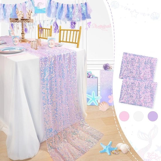Tavolo da tavola per decorazione in carta da 2 pezzi, misura 63 x 300 cm, tavolo da tavola con decorazione per zeemeermin con pailletten. 

Idoneo per decorazioni di festa, compleanni, matrimoni, Natale, decorazioni scolastiche.