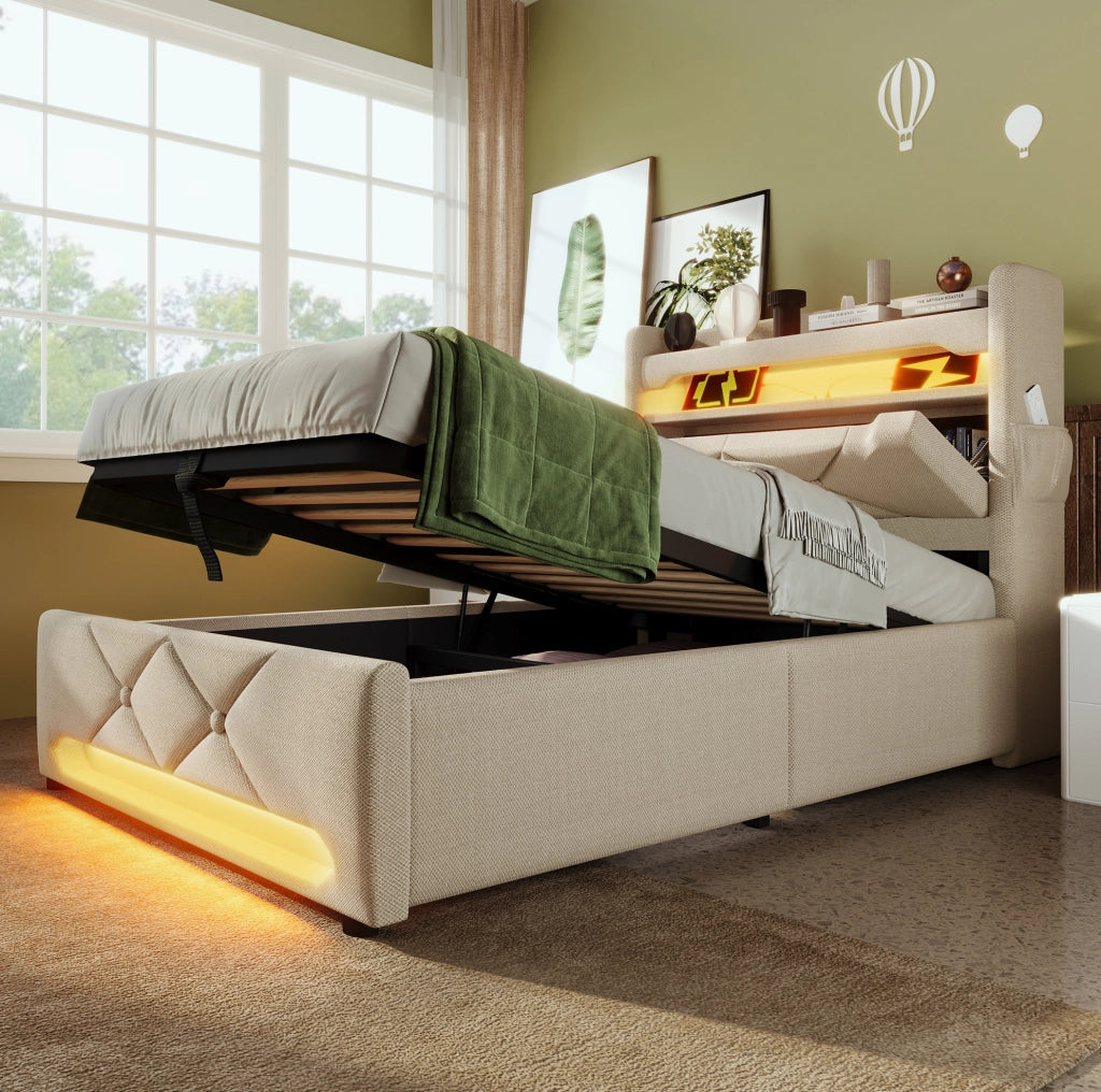 Letto singolo imbottito ULEVR 90x200 cm con contenitore idraulico, LED 360¡ã, USB e Type-C, beige
