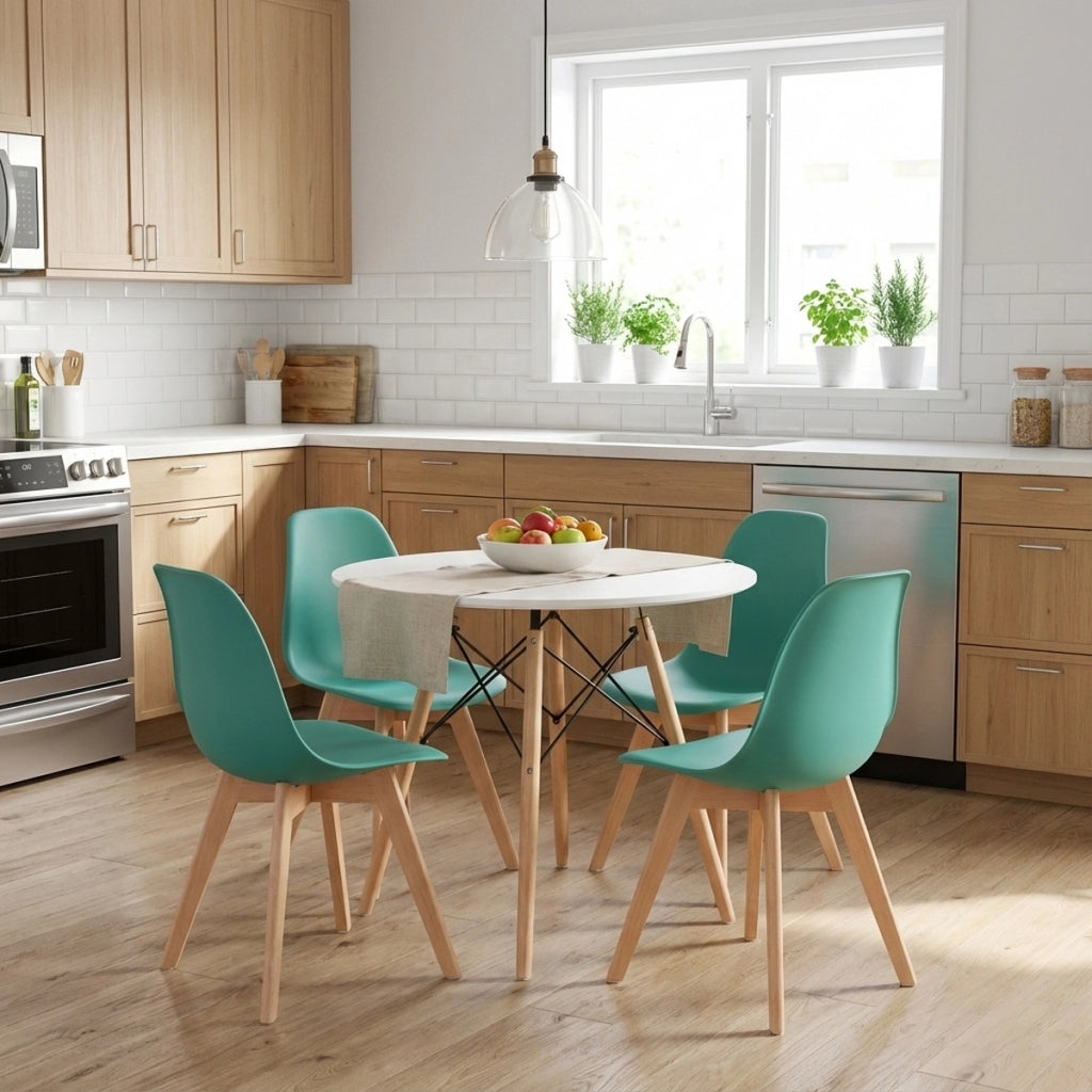 Sedia di design Kito verde con gambe in legno di faggio