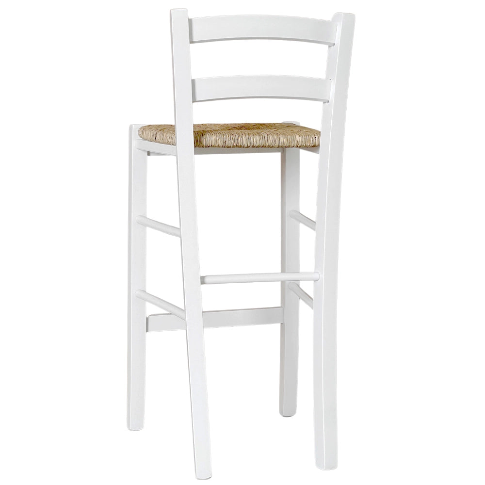Sgabello alto 67 cm in legno di faggio italiano bianco con seduta in paglia