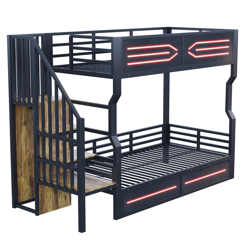 Letto a castello con LED - Zephmum- 90¡Á200 cm-Nero- con ripostiglio e scala
