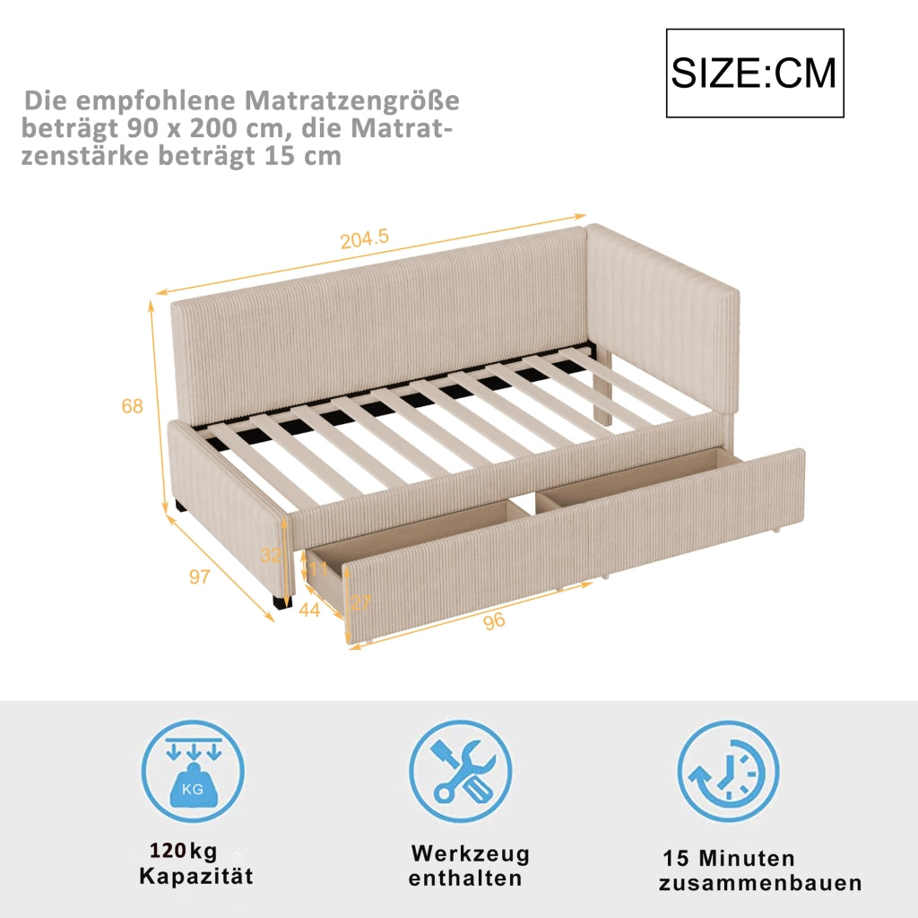 Letto imbottito singolo 90×200 cm con 2 cassetti; testiera reversibile e rete; senza materasso; beige
