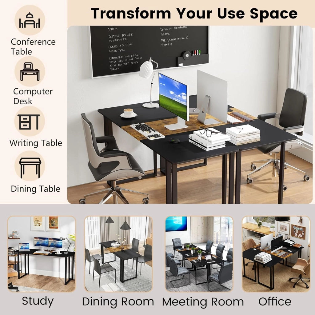 Scrivania per computer in stile industriale, 160 x 60 x 75,5 cm, grande tavolo da lavoro con telaio in metallo, per ufficio, studio, sala da pranzo (nero+marrone)