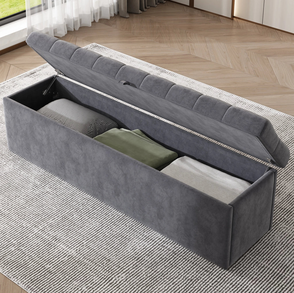 Panca contenitore 138 x 41 x 42 cm con ampio spazio interno in velluto grigio
