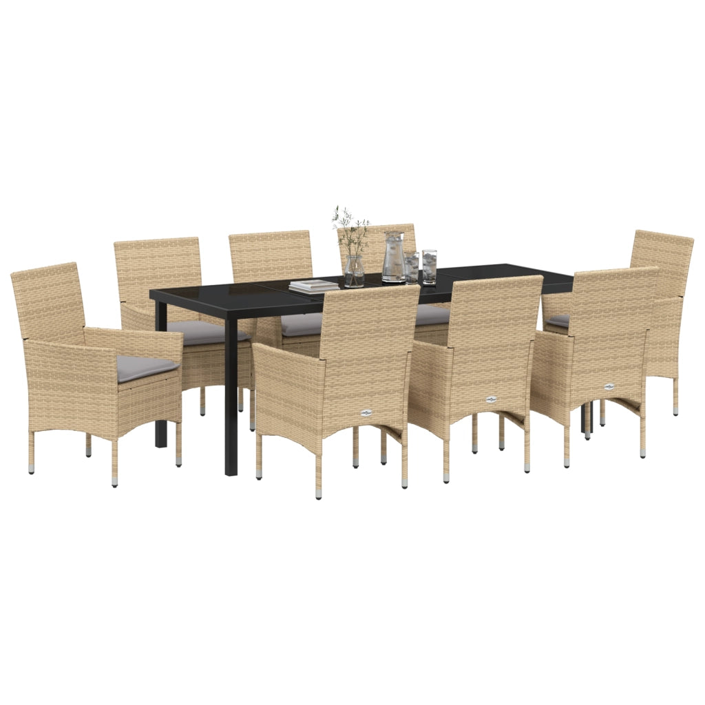 Set da Pranzo da Giardino  9 Pezzi con Cuscini in Rattan Poliestere Beige