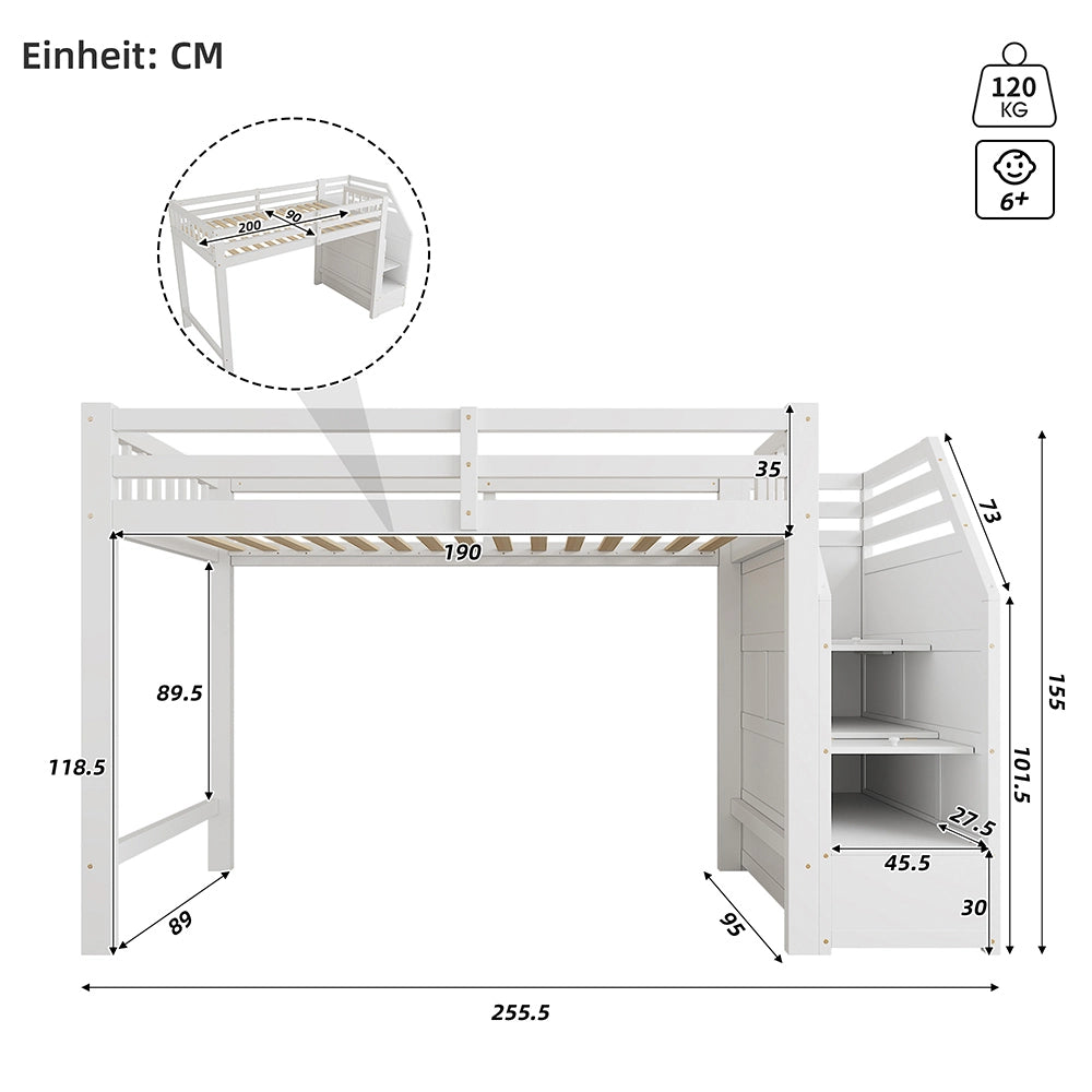 Letto mezzanino 90x200cm - Xylo - bianco, EN747, doghe, spazio vestizione