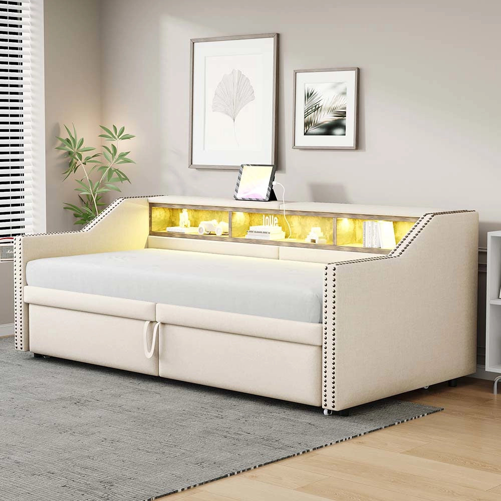 Divano letto - Xylo - 90x200 cm LED USB contenitore beige