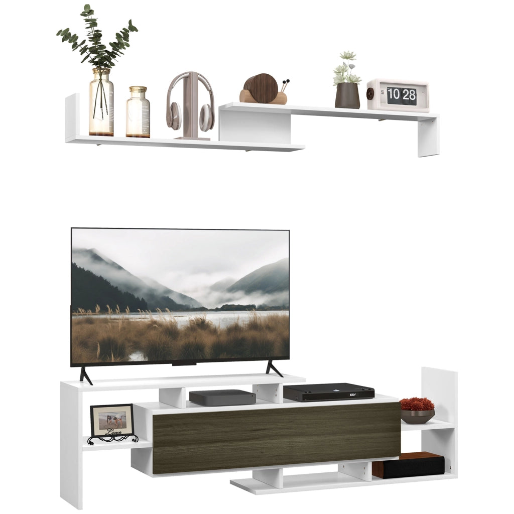Mobile TV con Mensola a Muro-Credenza  per TV,Ripiani Aperti e Armadietto in Legno,Bianco e Nero