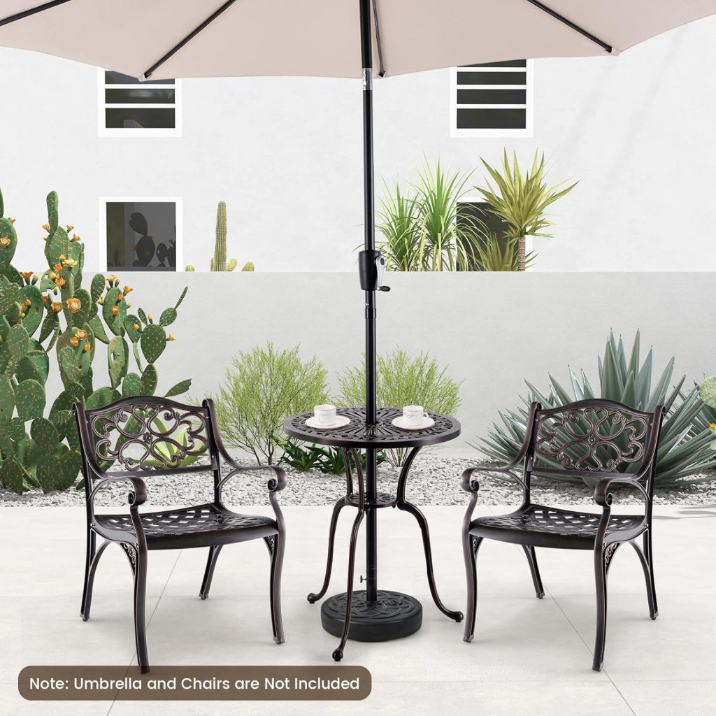 Tavolo da bistrot per esterni, φ61 cm, con foro per ombrellone e poggiapiedi regolabili, resistente alle intemperie, balcone in alluminio pressofuso