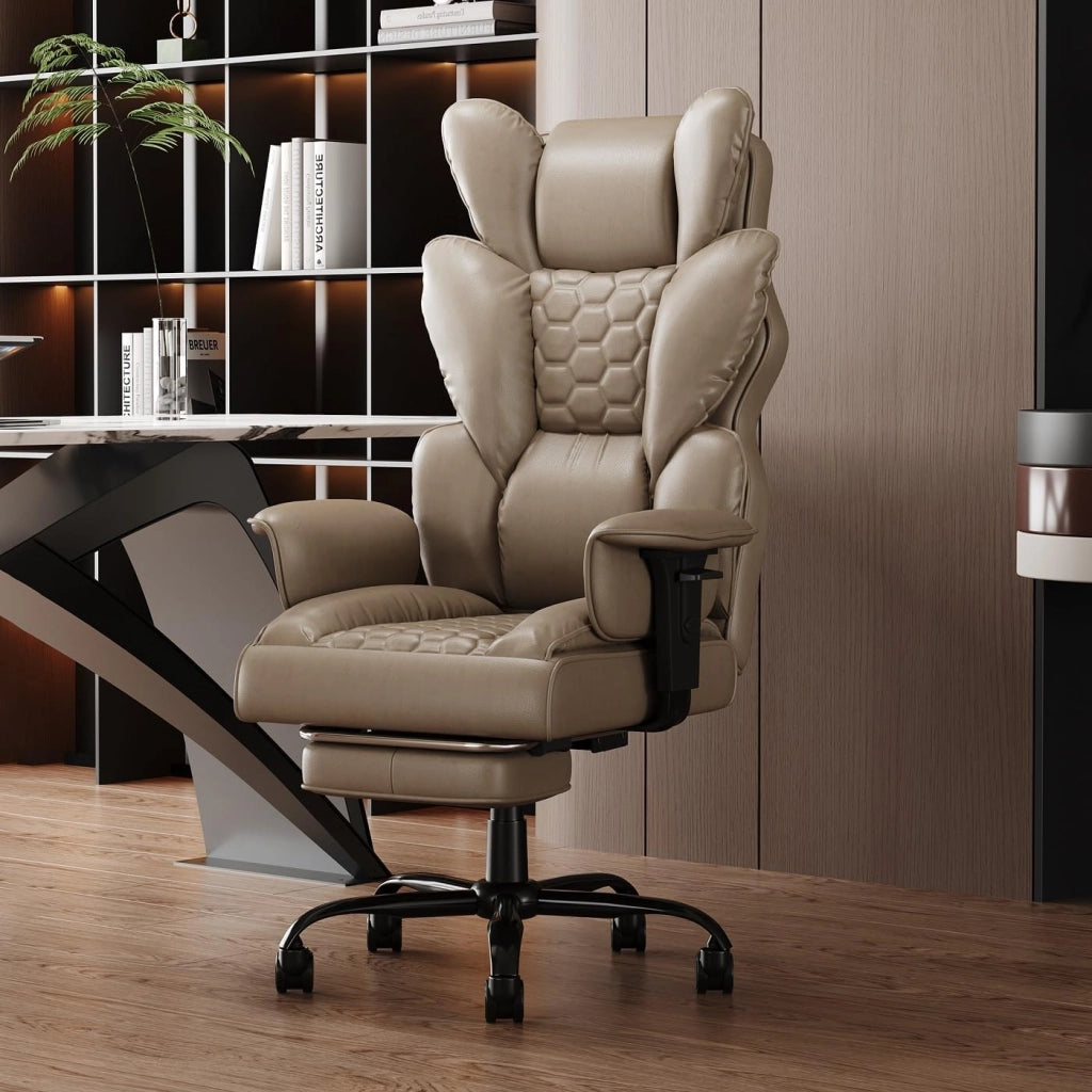 Sedia direzionale con poggiapiedi, ergonomica, da ufficio, regolabile, 90-135°, con schienale alto, in pelle PU, per computer, per casa e ufficio, marrone