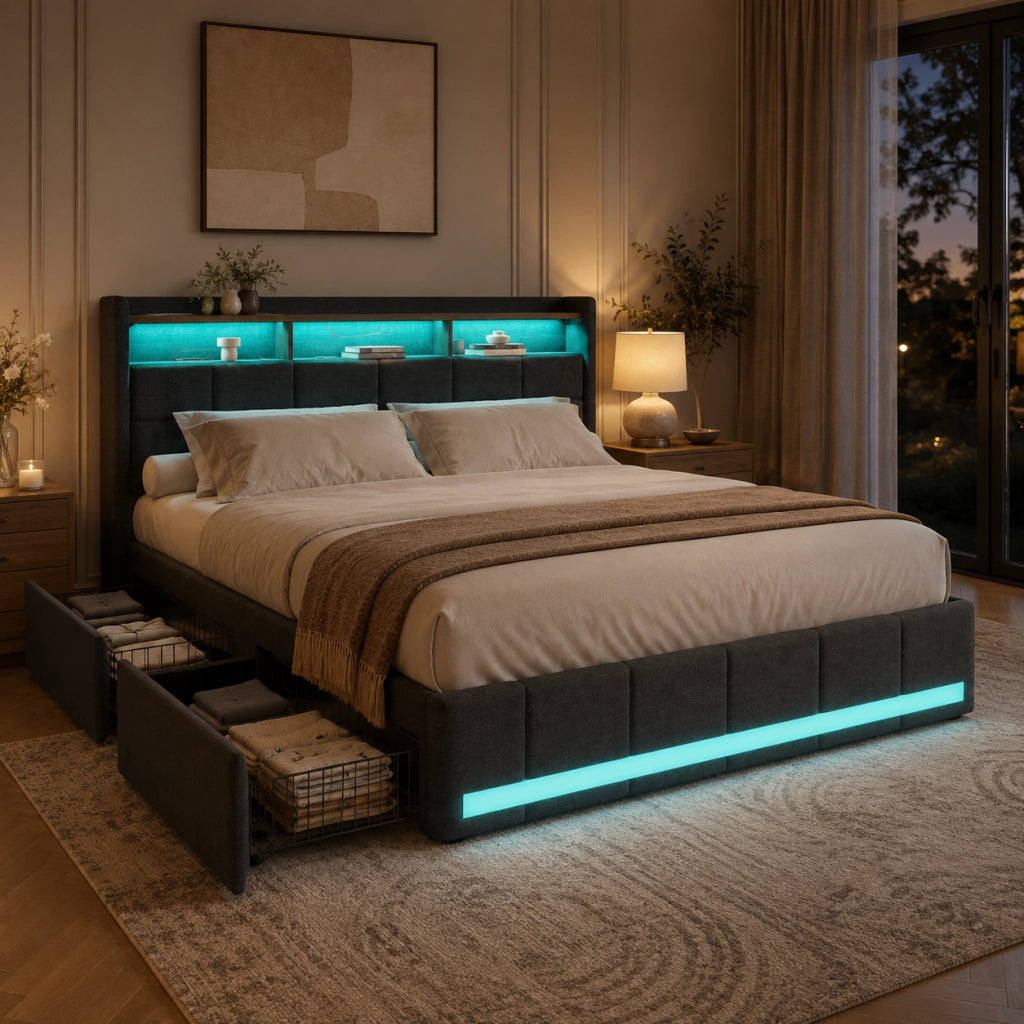 Letto matrimoniale 180x200 cm tessuto grigio, testiera contenitore con ricarica USB e USB-C, LED RGB APP telecomando, 4 cassetti estraibili