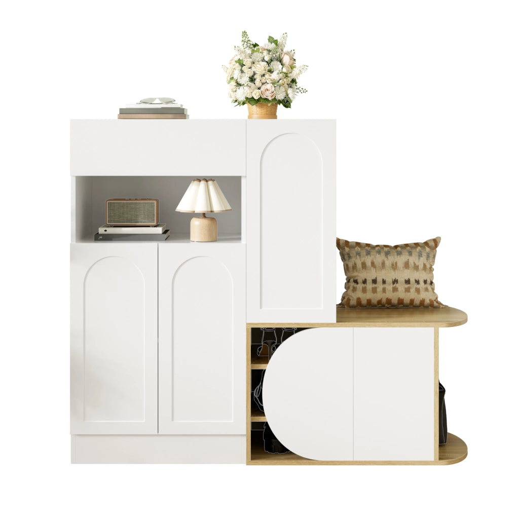Mobile portascarpe con panca e vano a giorno, 1 cassetto, 5 ante, MDF, bianco e effetto legno, 130 x 35 x 110,5 cm