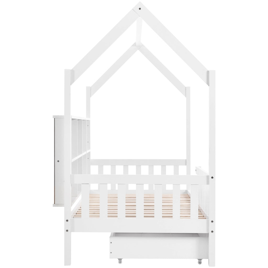 OKWISH Letto a Casetta 90×200 cm, Letto Singolo con Mensole e 2 Cassetti, Sponda, senza Materasso, in Legno Massello, Bianco