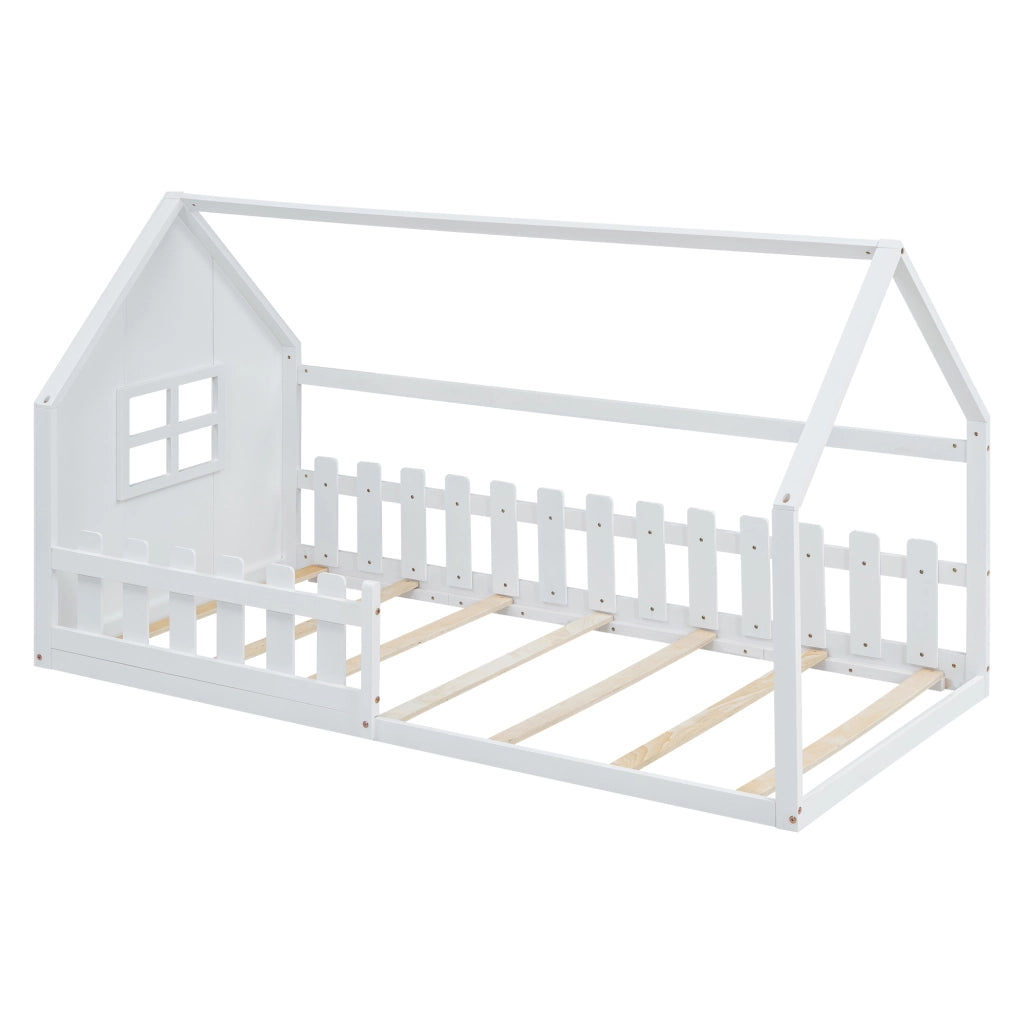 Letto a forma di casa bianco in pino con funzione contenitore 90x200 cm