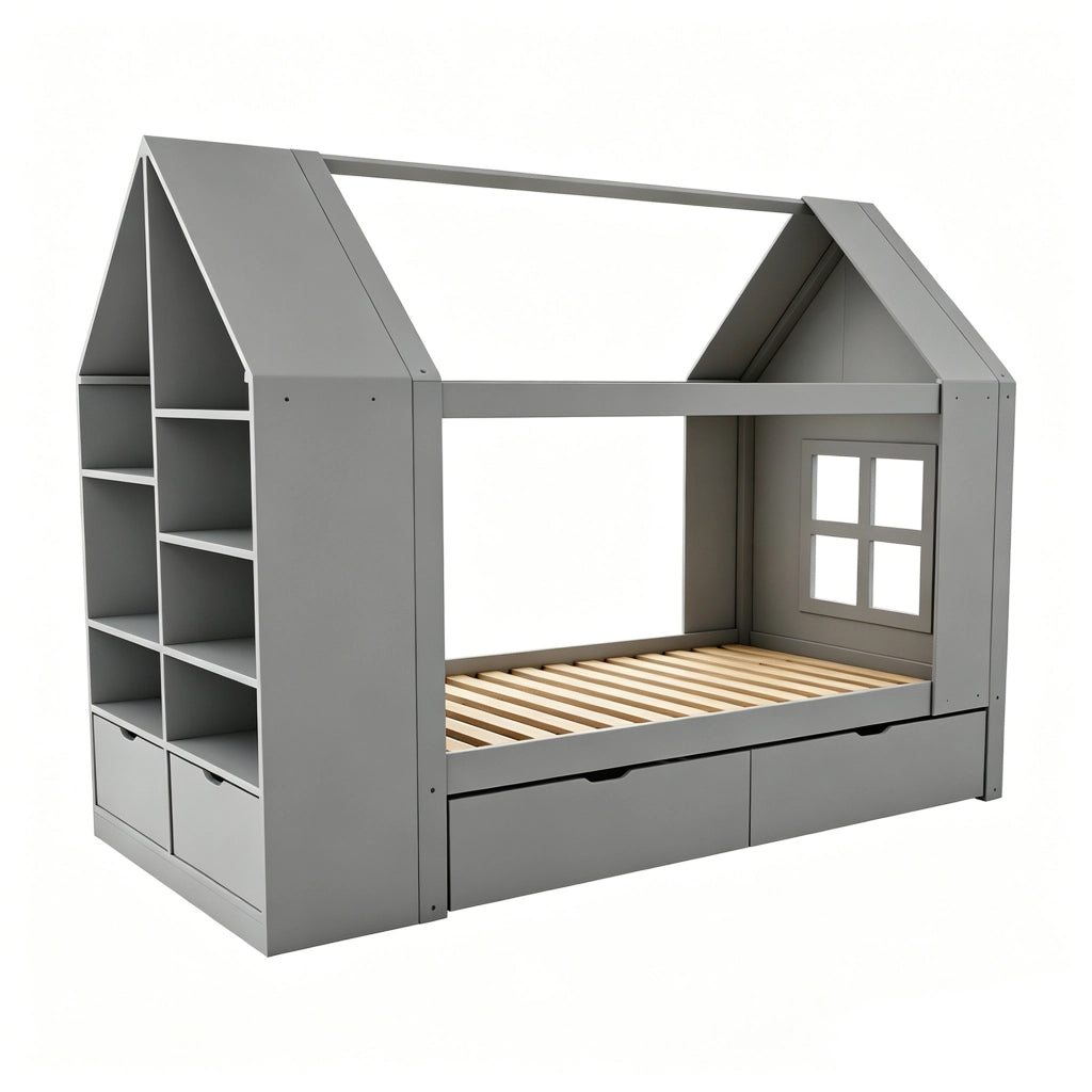 LETTO a casetta 90x200 cm in legno grigio con 2 cassetti e LED