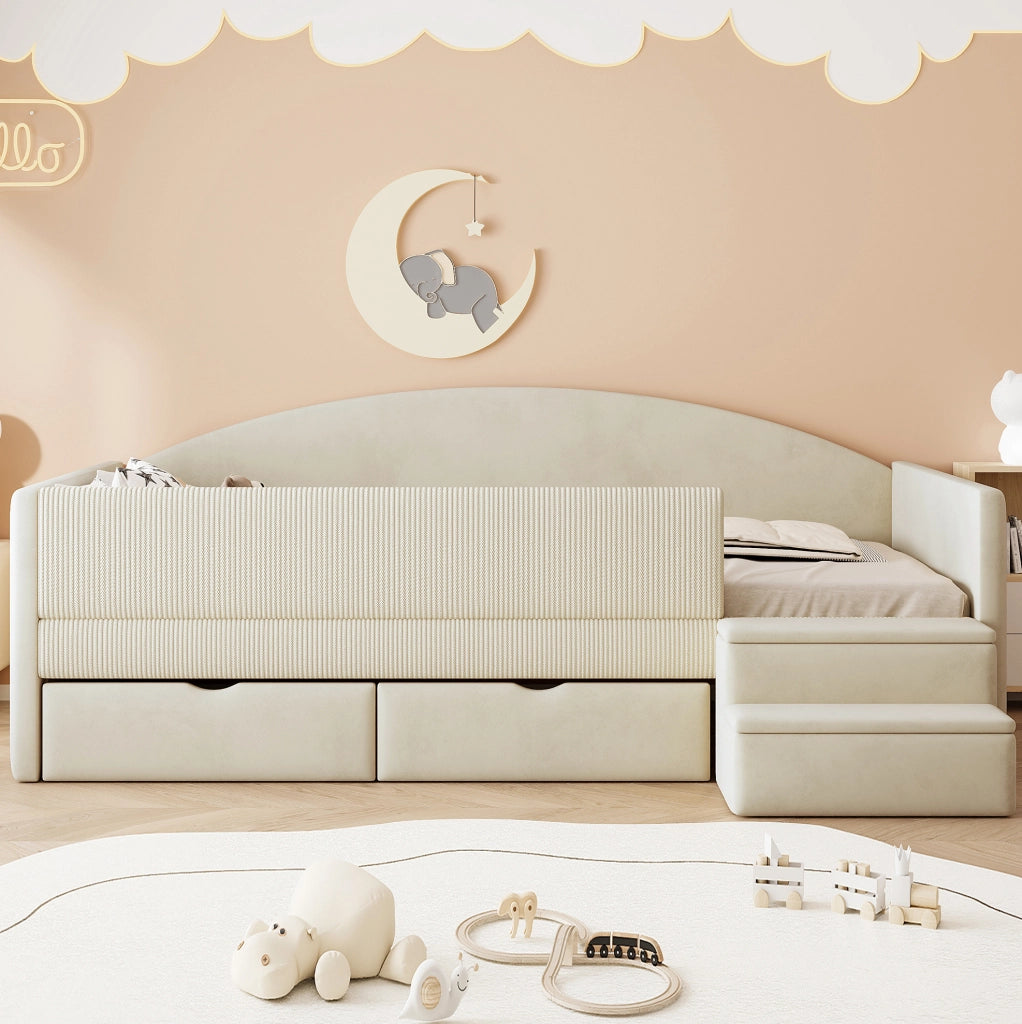 Letto imbottito 90 x 190 cm beige con due cassetti e gradini