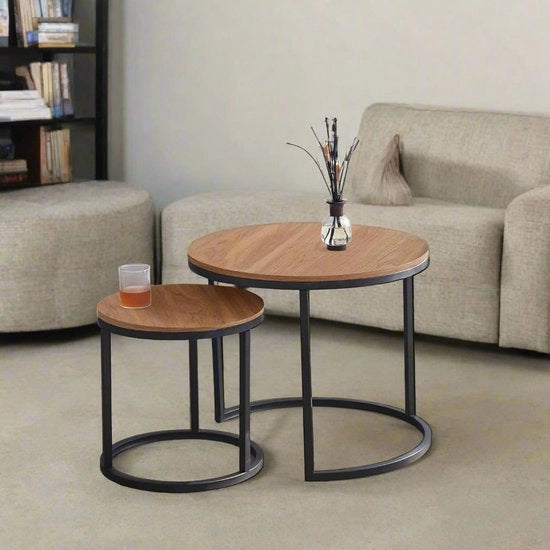 Tavolo - 2 pezzi - Tavolo Rotondo Scandinavo - Moderno Minimalista - Coperchio in Legno Massello - Struttura in Acciaio - L60 x P60 x H44,5cm (Grande) - L40 x P40 x H34,5cm (Piccolo) - Tavolo in Quercia Scura