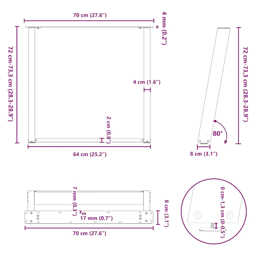 Set di 2 gambe regolabili per tavolo da pranzo a forma di U 70 x 72-73 cm design moderno acciaio bianco 02_0057073