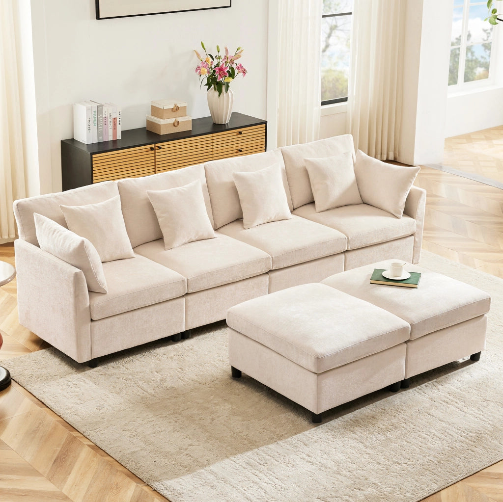 Sofa modulare 278x161x81 cm; componibile in U e L; con 2 pouf; in chenille beige