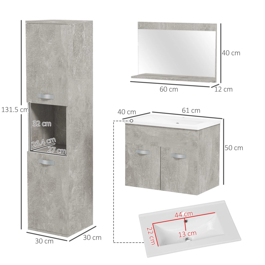 Easycomfort Set Mobili Bagno da 4 Pezzi con Lavabo da 60cm, Mobiletto, Colonna Bagno e Specchiera in Legno, Grigio