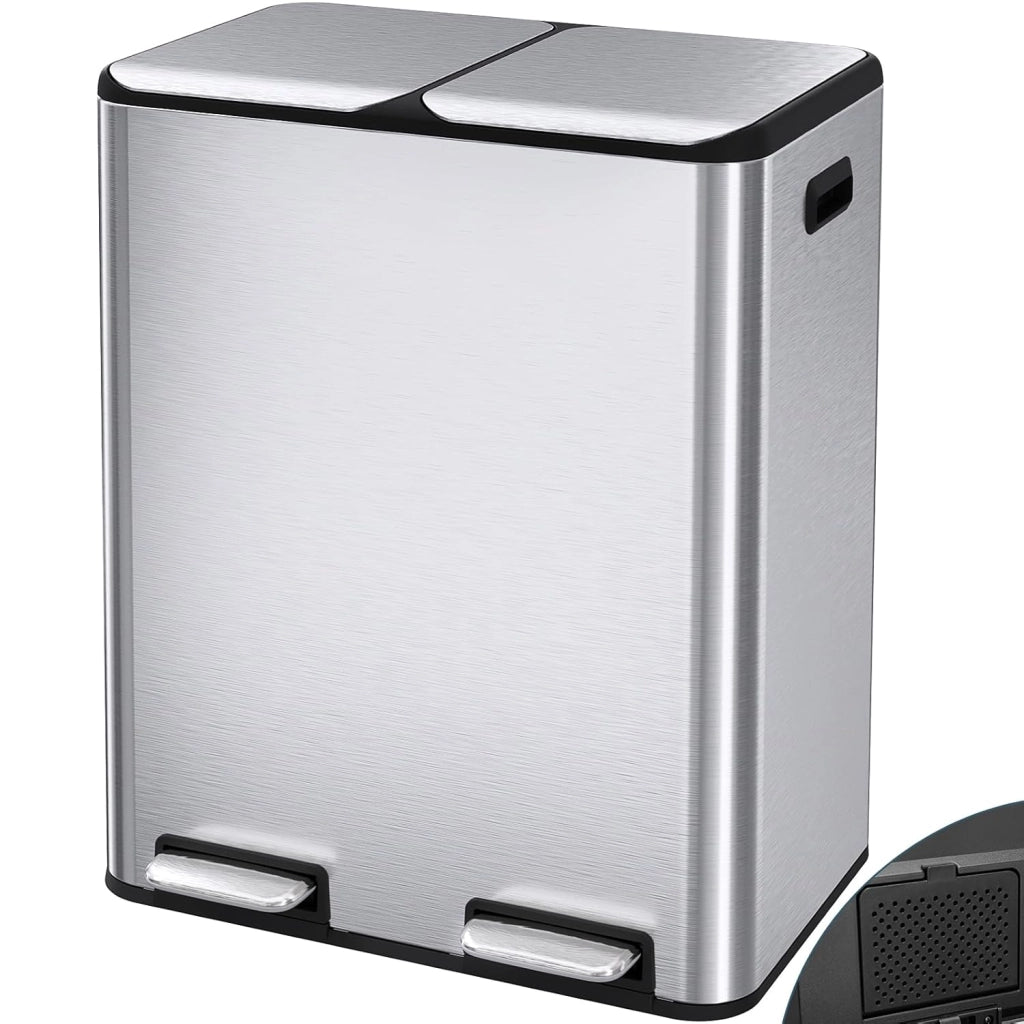 Pattumiera Differenziata 2 Scomparti, 60L Cestino Spazzatura Cucina con Pedale, 2x 30l Secchio Rimovibile, Chiusura Silenziosa, Filtro Antiodore, Pattumiere per Raccolta Differenziata, Nero