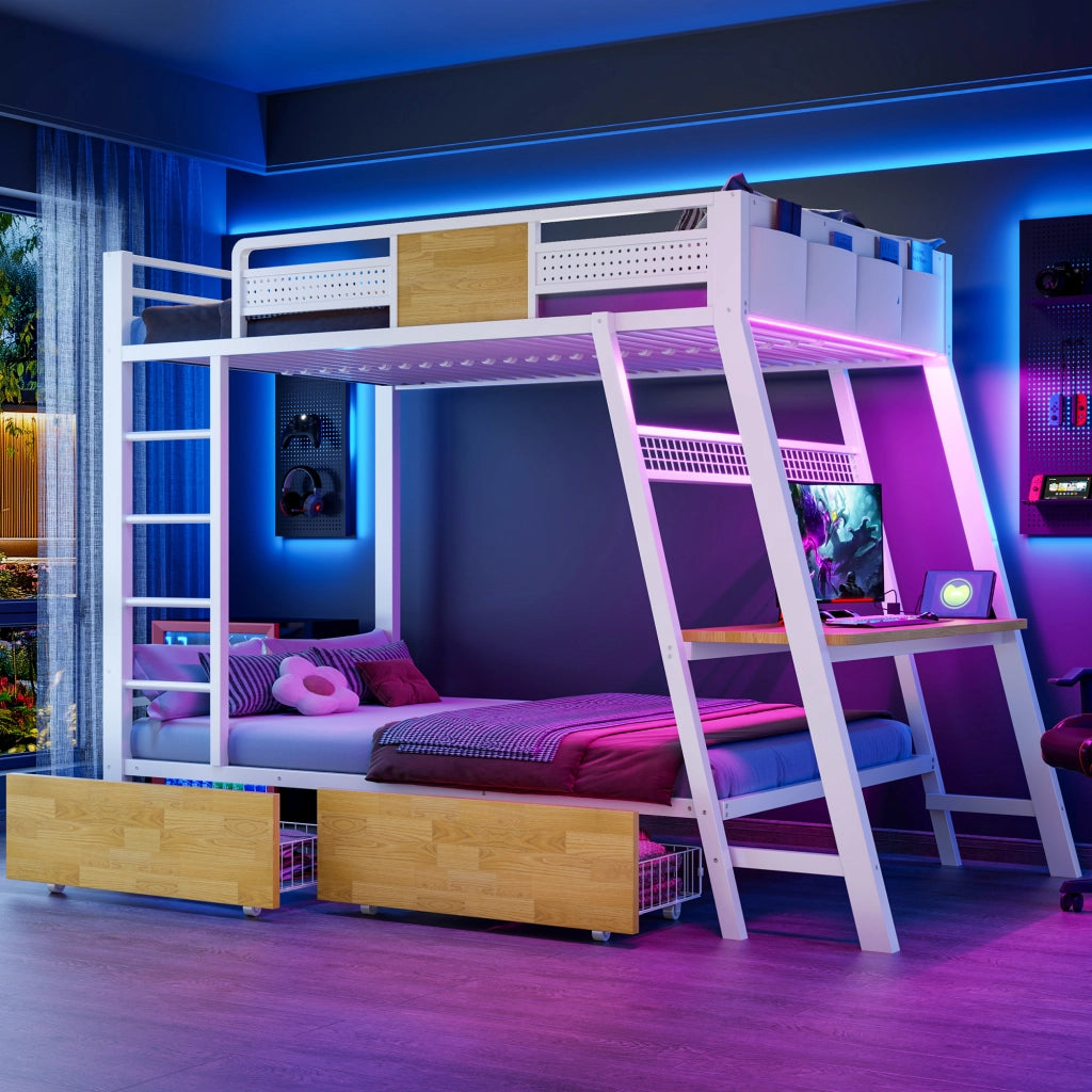 Letto a castello in metallo 90x200 cm con scrivania integrata, luci LED, contenimento e struttura salvaspazio, bianco