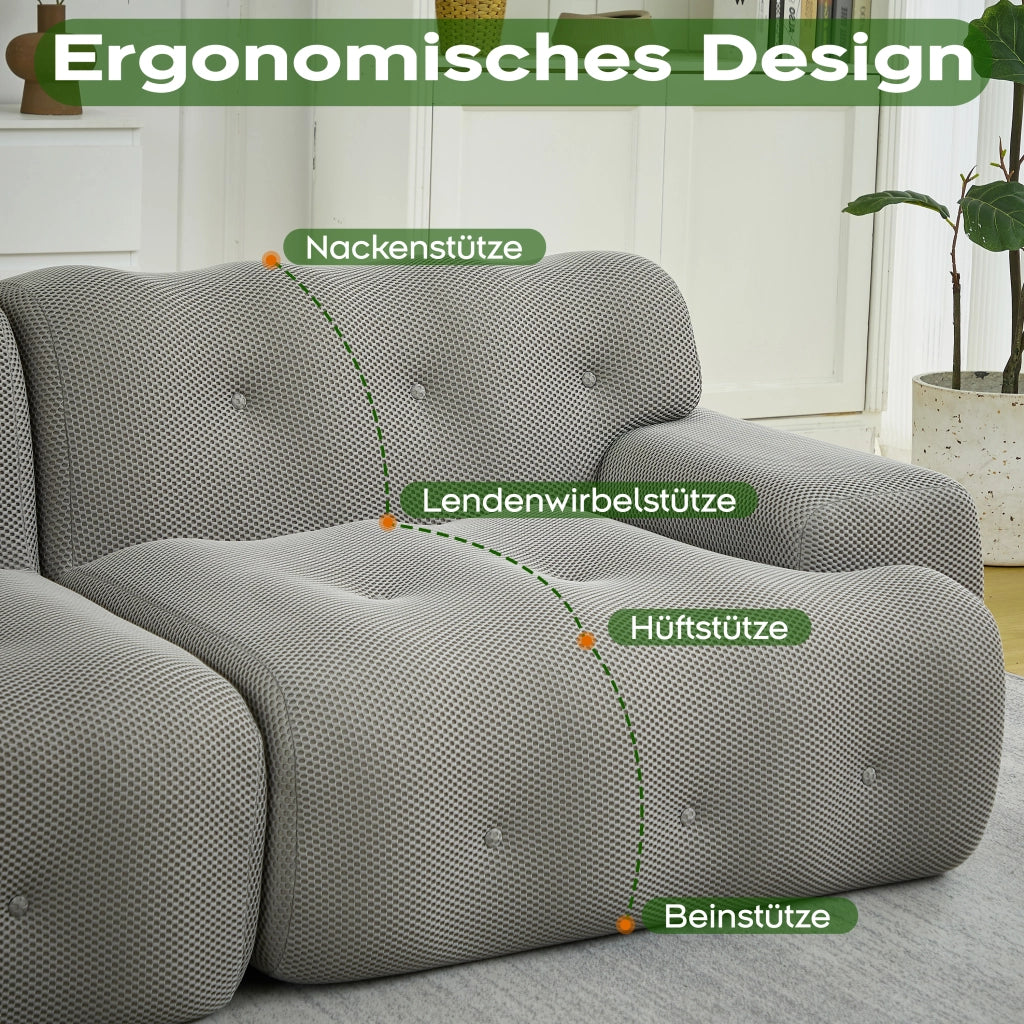 Divano a 2 posti con braccioli ampi, cuciture trapuntate, design moderno in tessuto grigio 224 × 104 × 66 cm