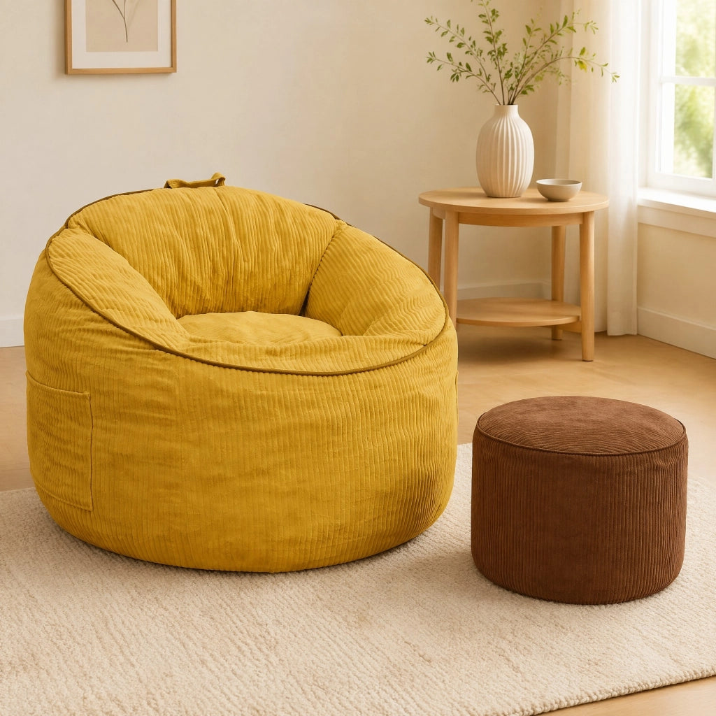 Poltrona in flanella gialla con tasca laterale e pouf cilindrico coordinato per relax in casa 50 × 43,5 × 35,5 cm