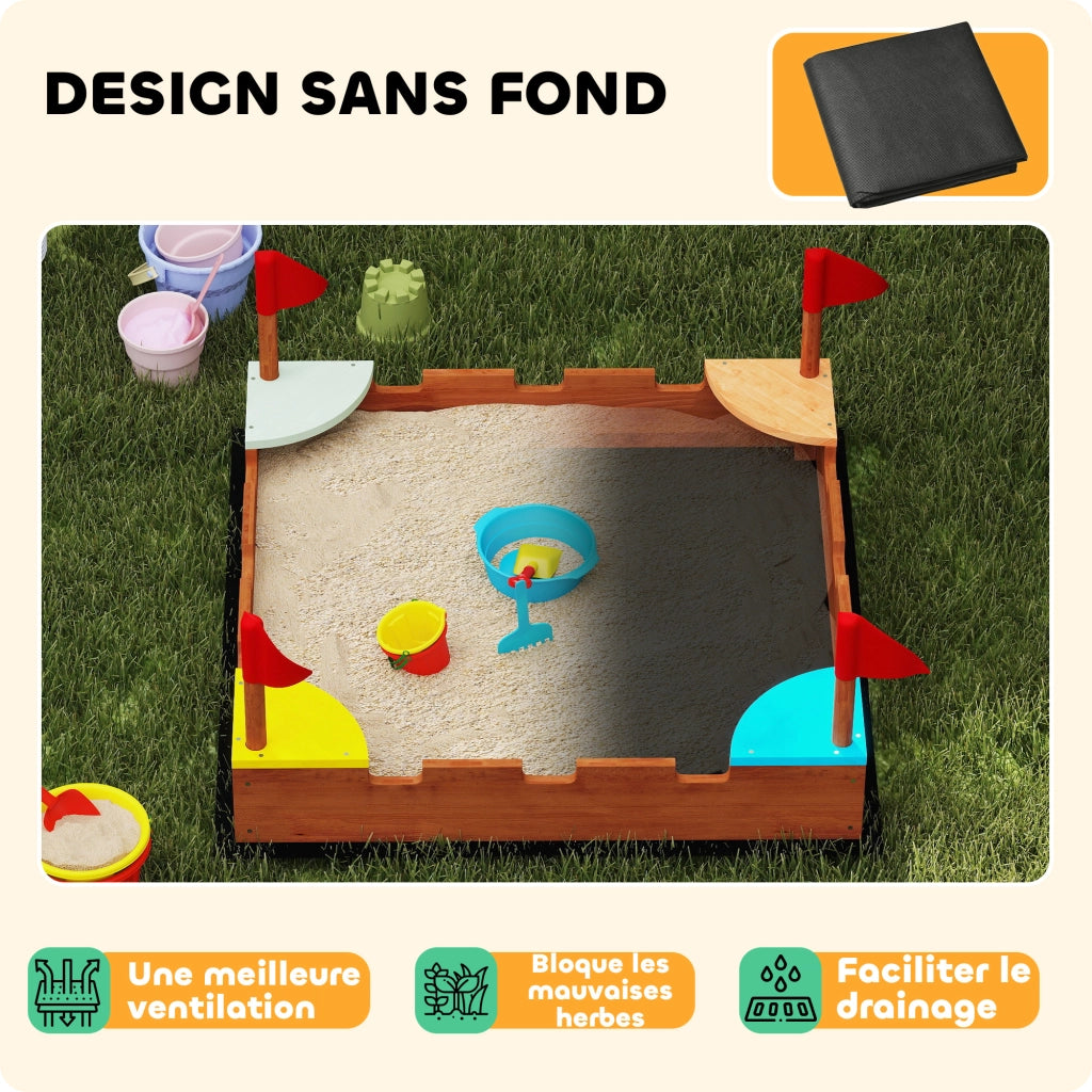 Sandbox in legno per bambini con sedili e bandiere ¨C zephmum ¨C marrone 90x90x17 cm