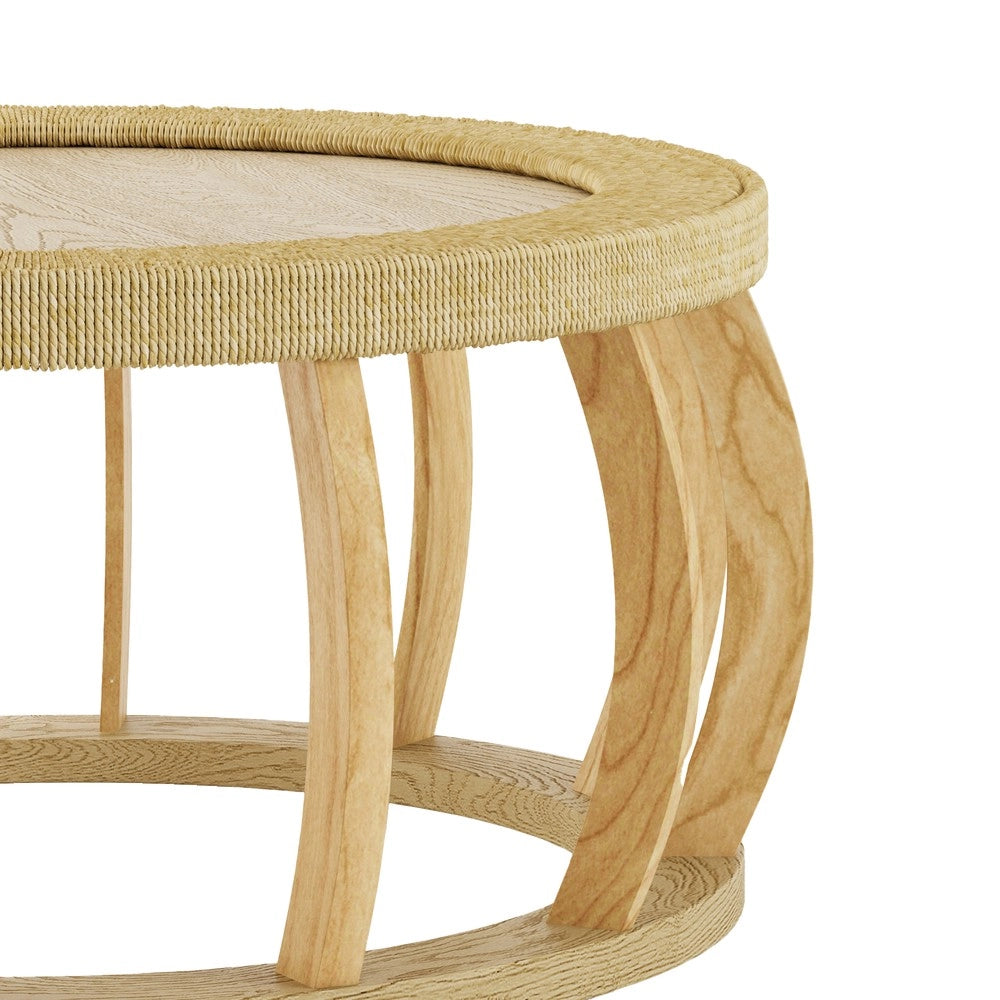 Tavolino da Caff¨¨ Rotondo in Legno Massello e Rattan ¨C MINIMAL ¨C Naturale, Gambe Curve