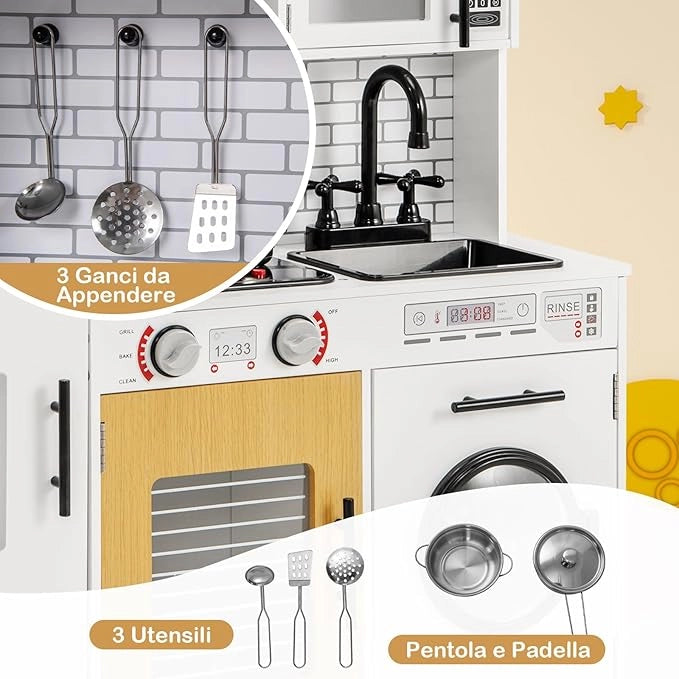 Cucina Giocattolo per Bambini, Cucina Legno per Bambini con Forno, Microonde, Lavatrice, Telefono, Lavello Rimovibile e Rubinetto Rotante, con Luci e Suoni, per Bambini di 3+ Anni (Bianco)