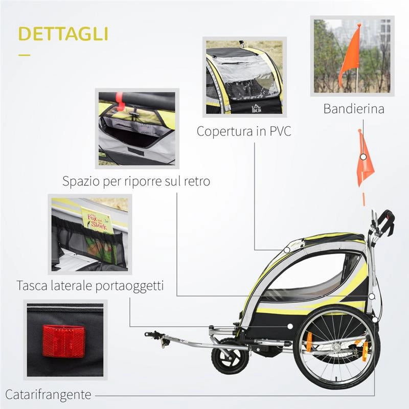 RIMORCHIO BICI E PASSEGGINO PER 2 BAMBINI CON CINTURE DI SICUREZZA E BANDIERINA
