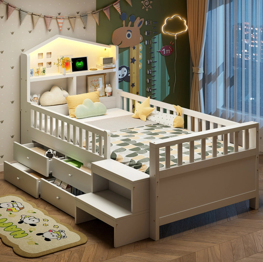 Letto per bambini 90x200 cm con 4 cassetti, LED, USB e USB-C bianco