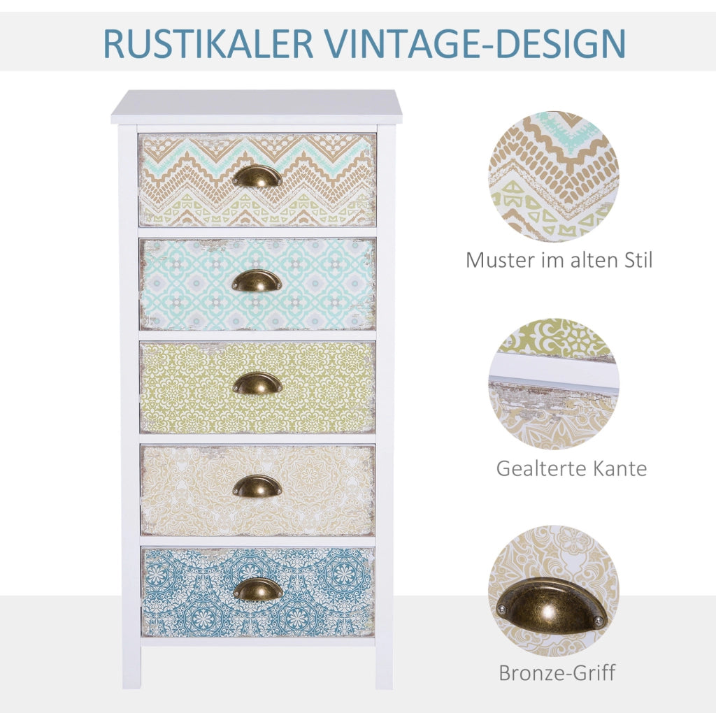 Cassettiera shabby chic con 5 cassetti in MDF multicolore