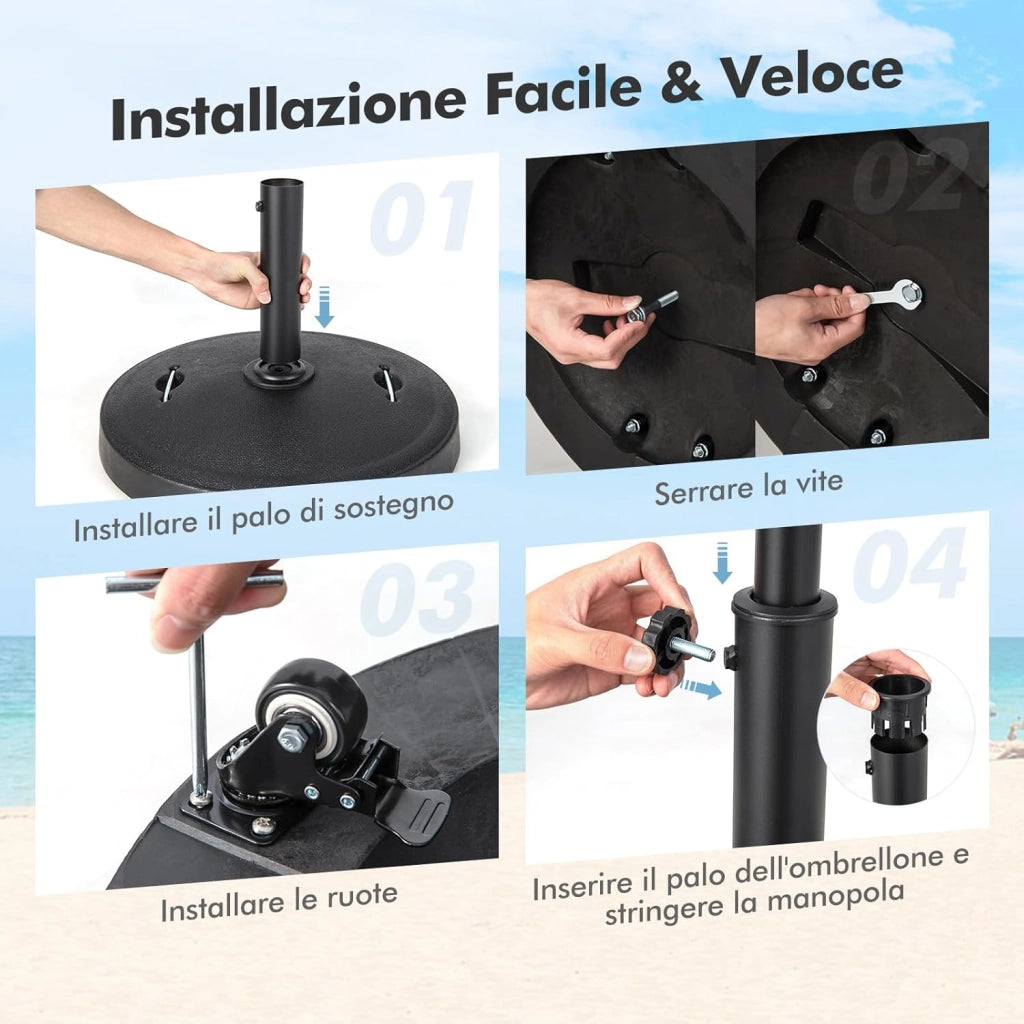 Base Ombrellone con Rotelle da Esterno 23 kg, Supporto Rotondo per Ombrellone 52 CM con Diametro Palo 38/48 MM, Base per Ombrellone Robusta da Giardino Esterno