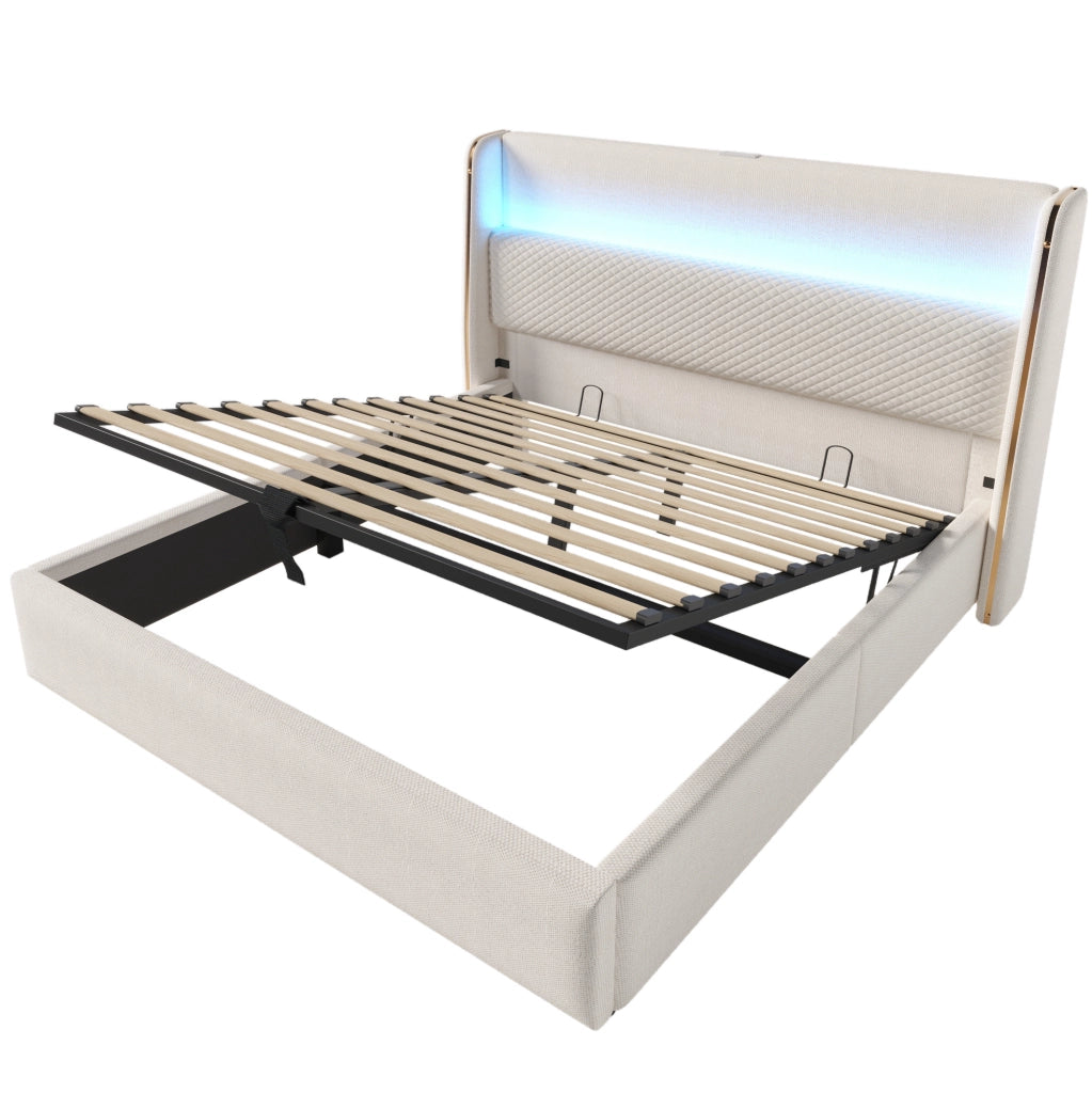 Letto 160x200 cm con contenitore; LED e prese USB/Type-C in lino beige