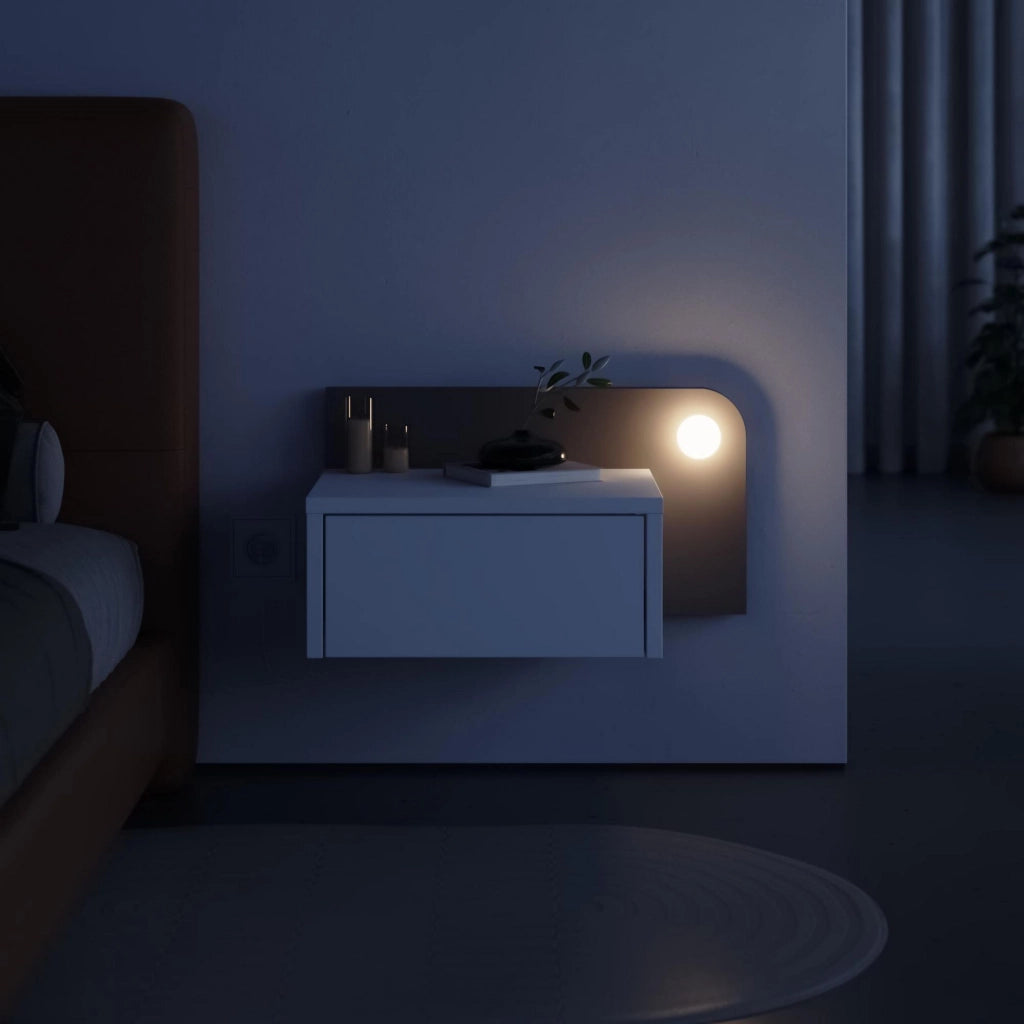 Comodino "Dotta" con lampadina in legno - 52 x 30 x 28 cm - Bianco