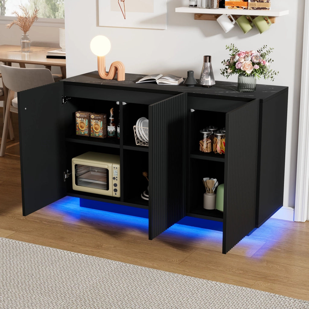 Credenza moderna 120 cm con LED Bluetooth, finitura nera effetto marmo, 3 ante e 6 scomparti