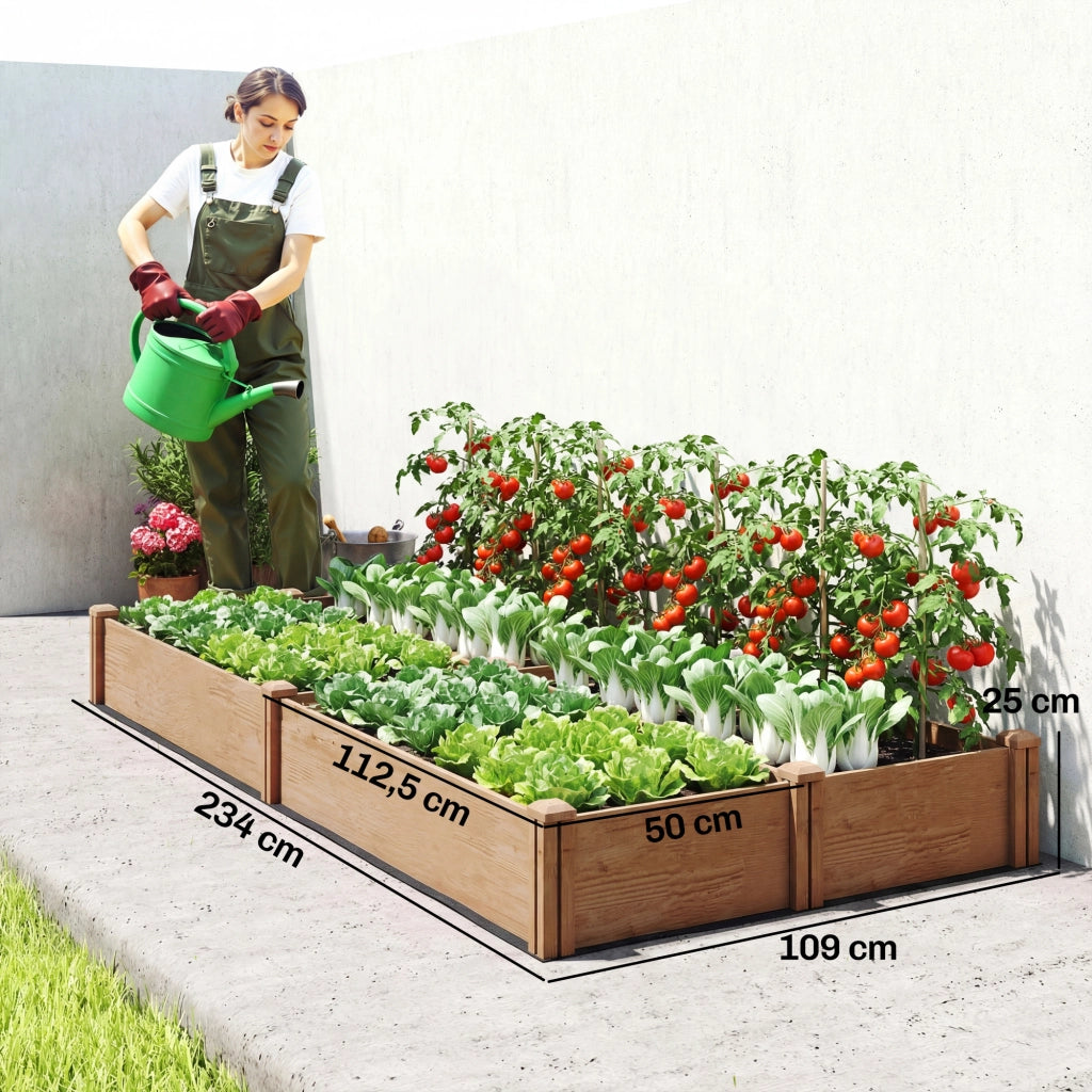 Letto da Giardino in Legno con 4 Zone di Coltivazione ¨C Zephmum ¨C 234x109x25cm Marrone Chiaro