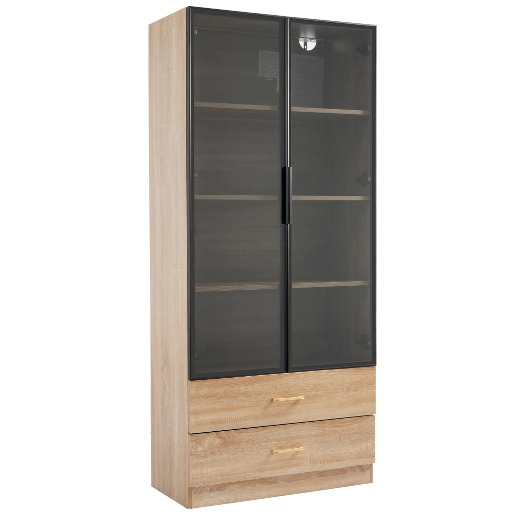 Armadietto da bagno alto con 2 ante e vani aperti in vetro temperato, stile moderno, per bagno, in MDF, marrone