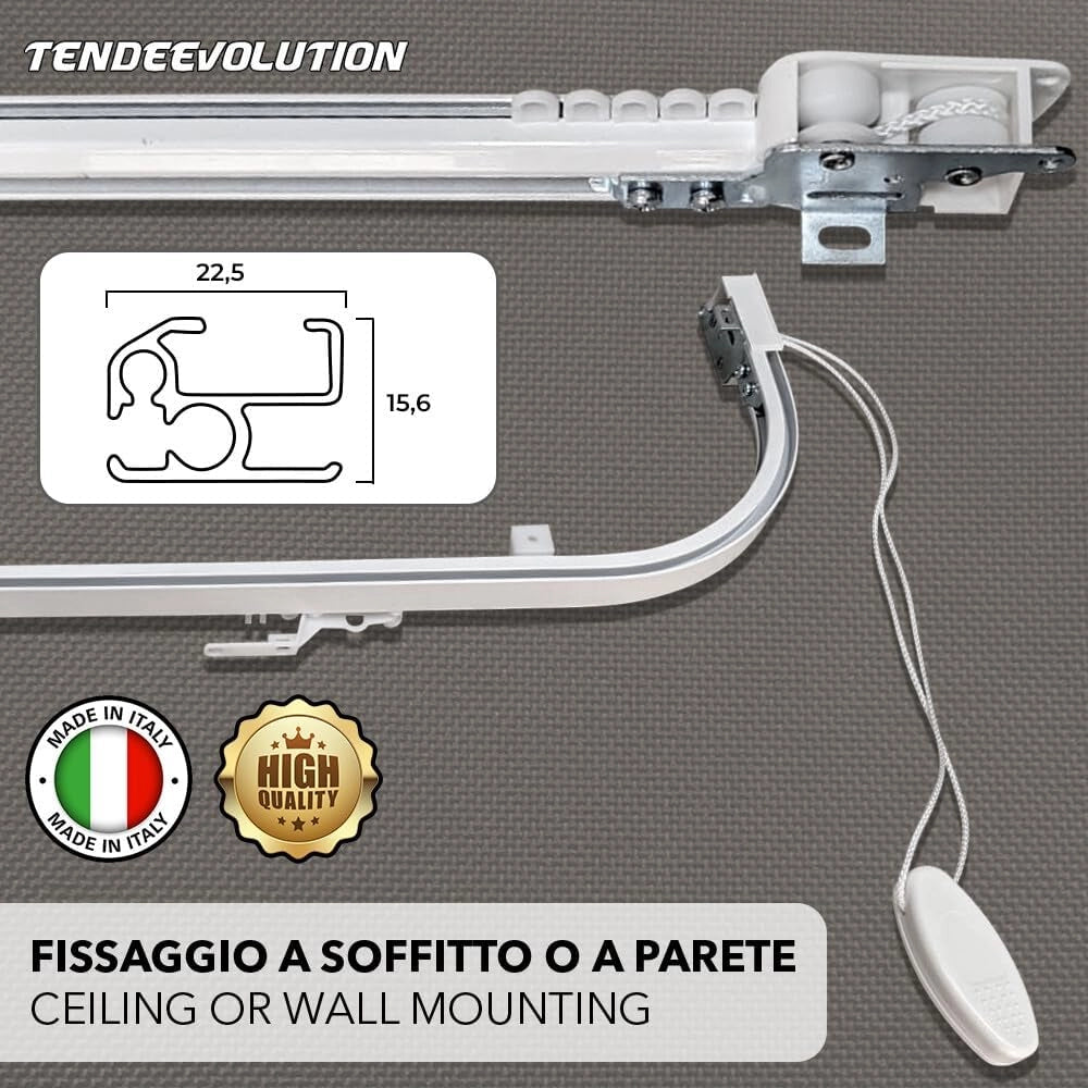 Binario Scorritenda da Parete in Alluminio Bianco, Curve Sporgenti 22cm, Movimento a Corda, Apertura Centrale CM lunghezza 320cm