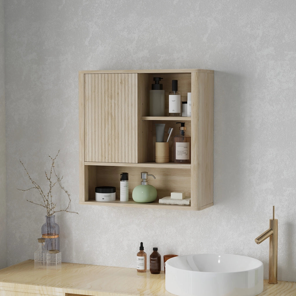 Mobile bagno a parete con ripiani regolabili ¨C Xylo ¨C legno naturale con ante scorrevoli