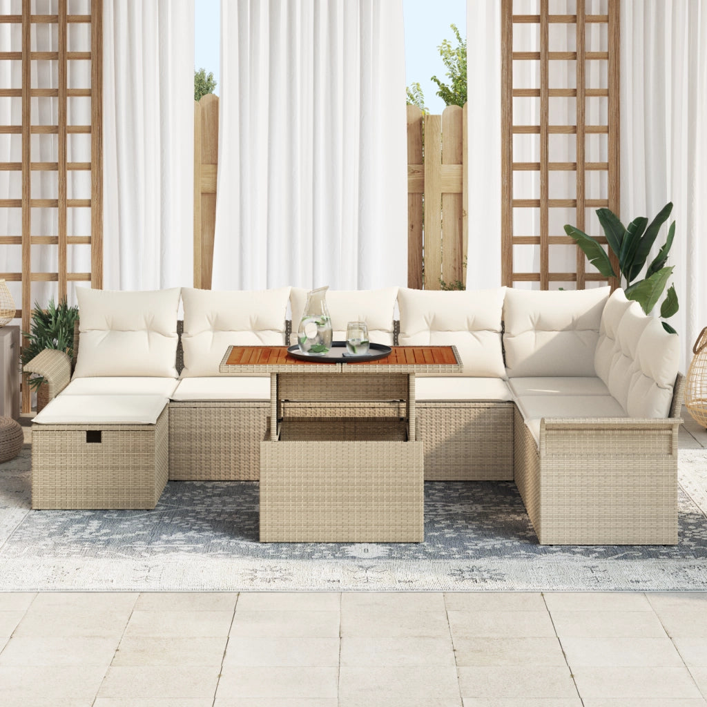 Set di Divano da Giardino 9 Pezzi con Cuscini Beige in Polirattan