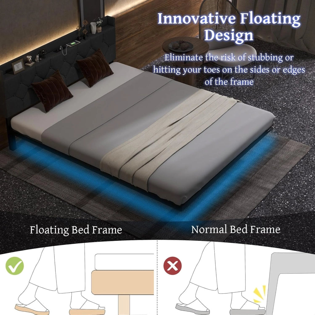 Letto Matrimoniale 160 x 200 cm Testiera con Luci LED ，Struttura Letto a Doghe Carico 300 kg，Letto con Struttura Moderno，Senza Materasso，Nero
