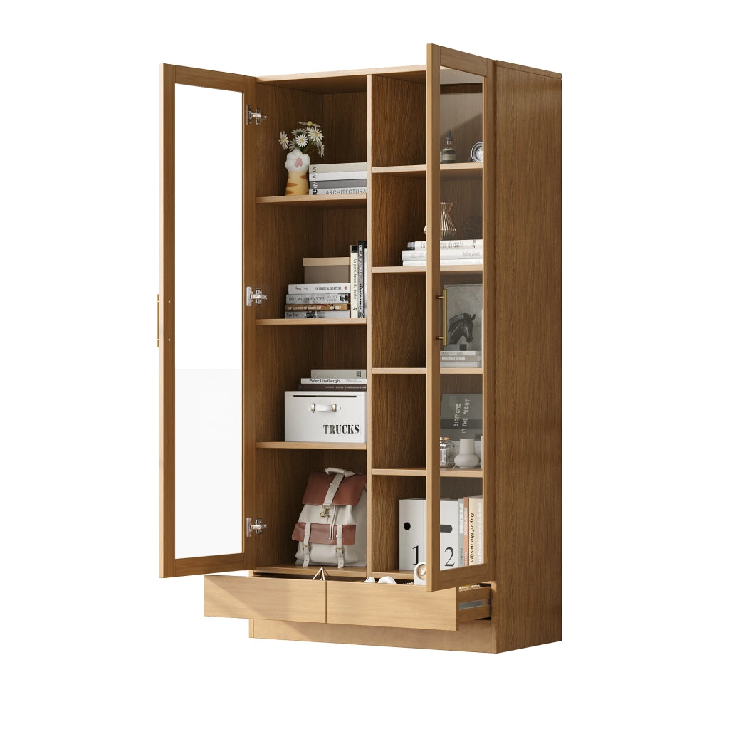 Vetrina con 2 ante in vetro 1 cassetto e 9 vani sfalsati per soggiorno o studio colore legno 80 × 40 × 160 cm