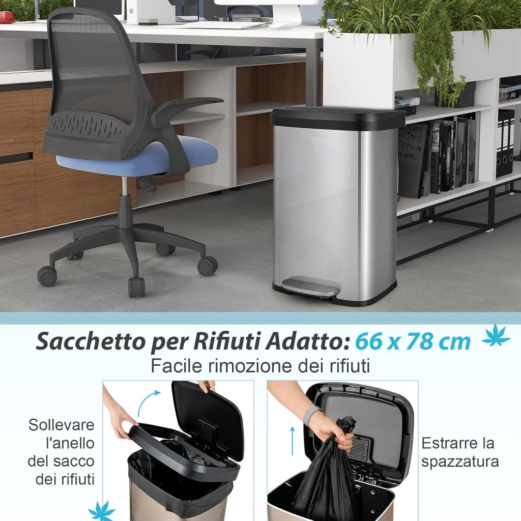 Bidone per Pattumiera da 50 L, Pattumiera da Cucina con Pedale, Coperchio e Scomparto Deodorante, Ideale per Casa Ufficio (50L, Argento)