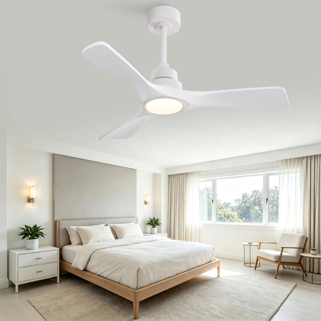 Ventilatore da soffitto bianco puro 42 pollici, 3 pale ad elica rinforzate in legno massello, motore DC reversibile silenzioso, design moderno